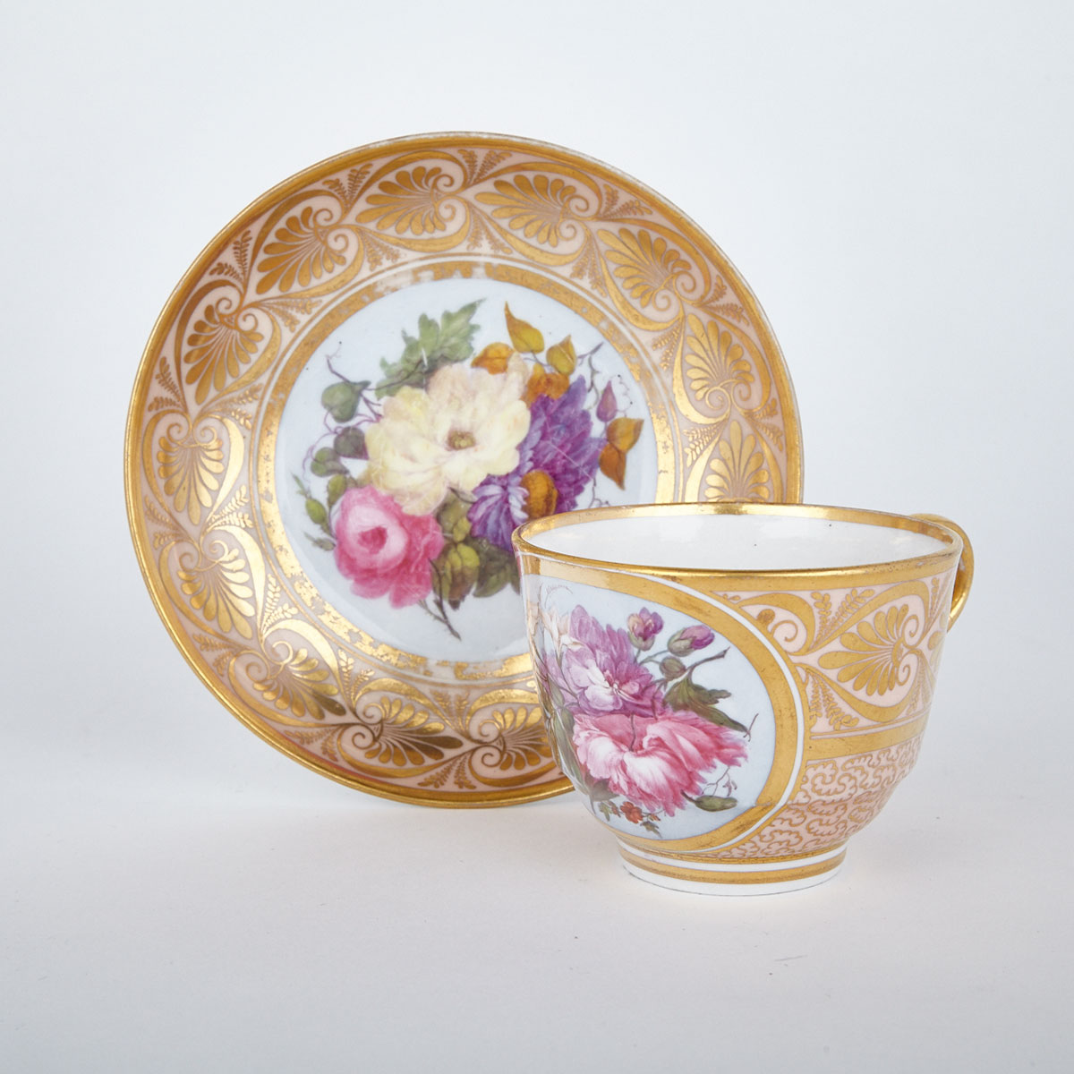 Barr, Flight and Barr Worcester Salmon Ground Teacup and Saucer, c.1810