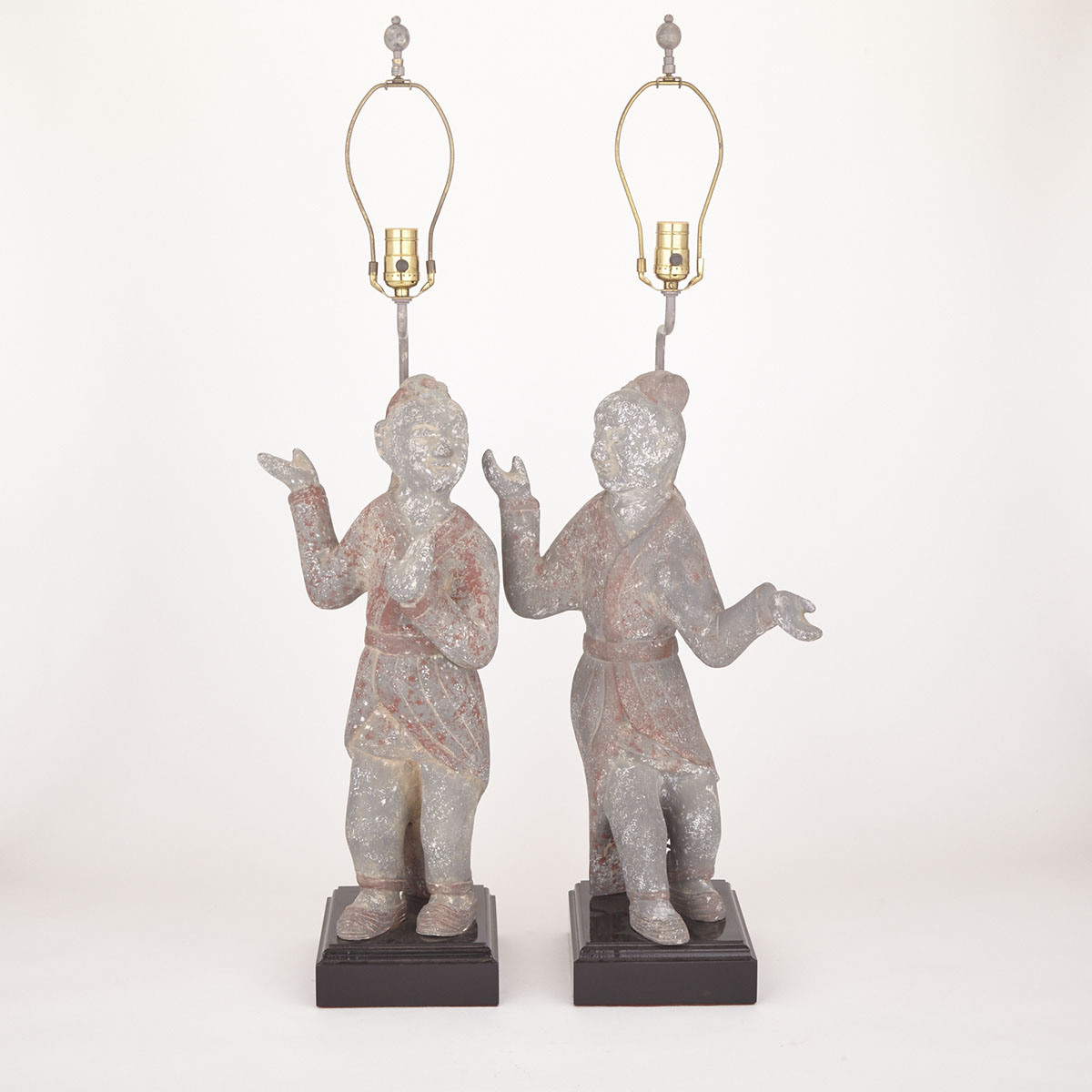 Pair of Tang Style Figures of Servants Mounted as Lamps