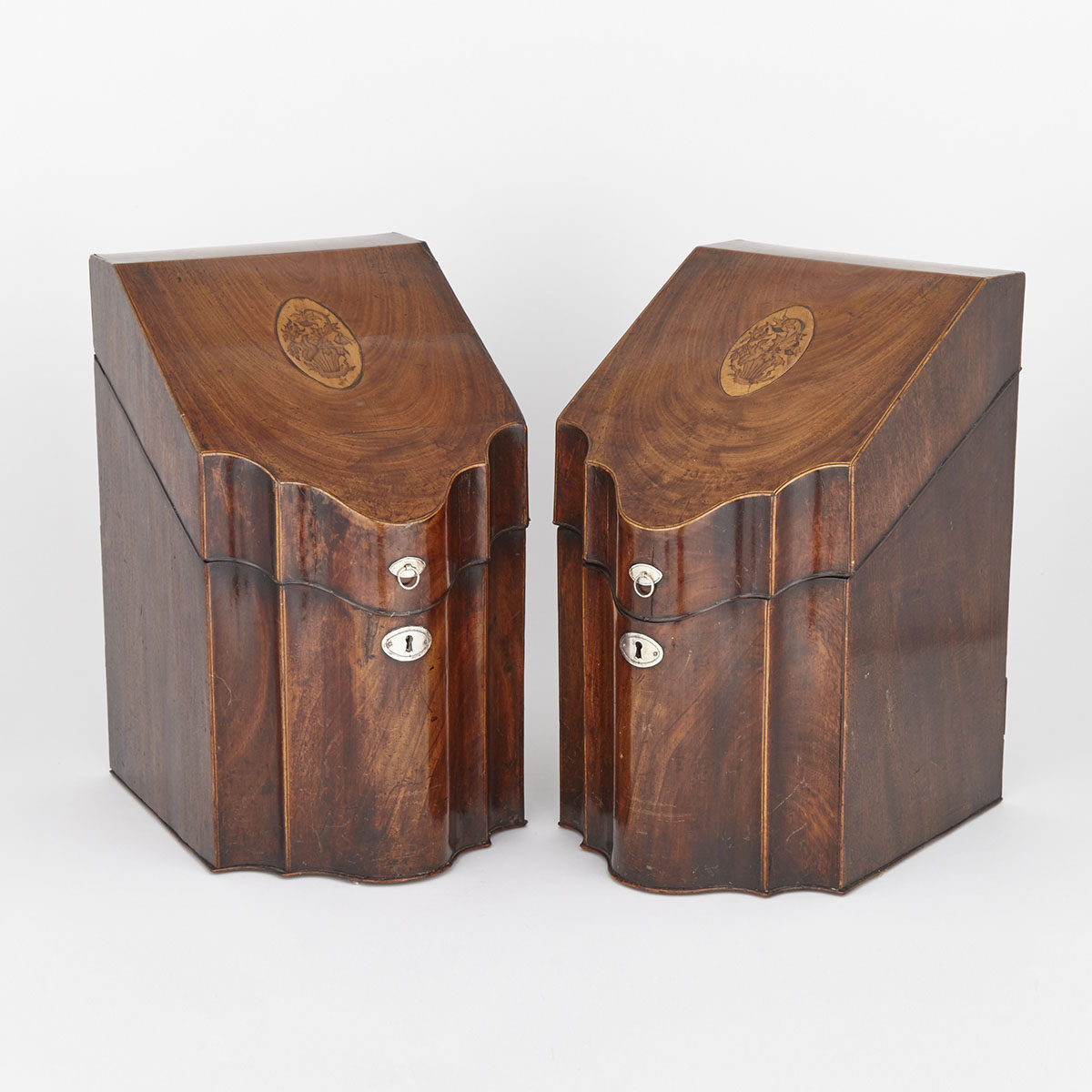 Pair of Georgian Satinwood Strung and Inlaid Flame Mahogany Knife Boxes, early 19th century