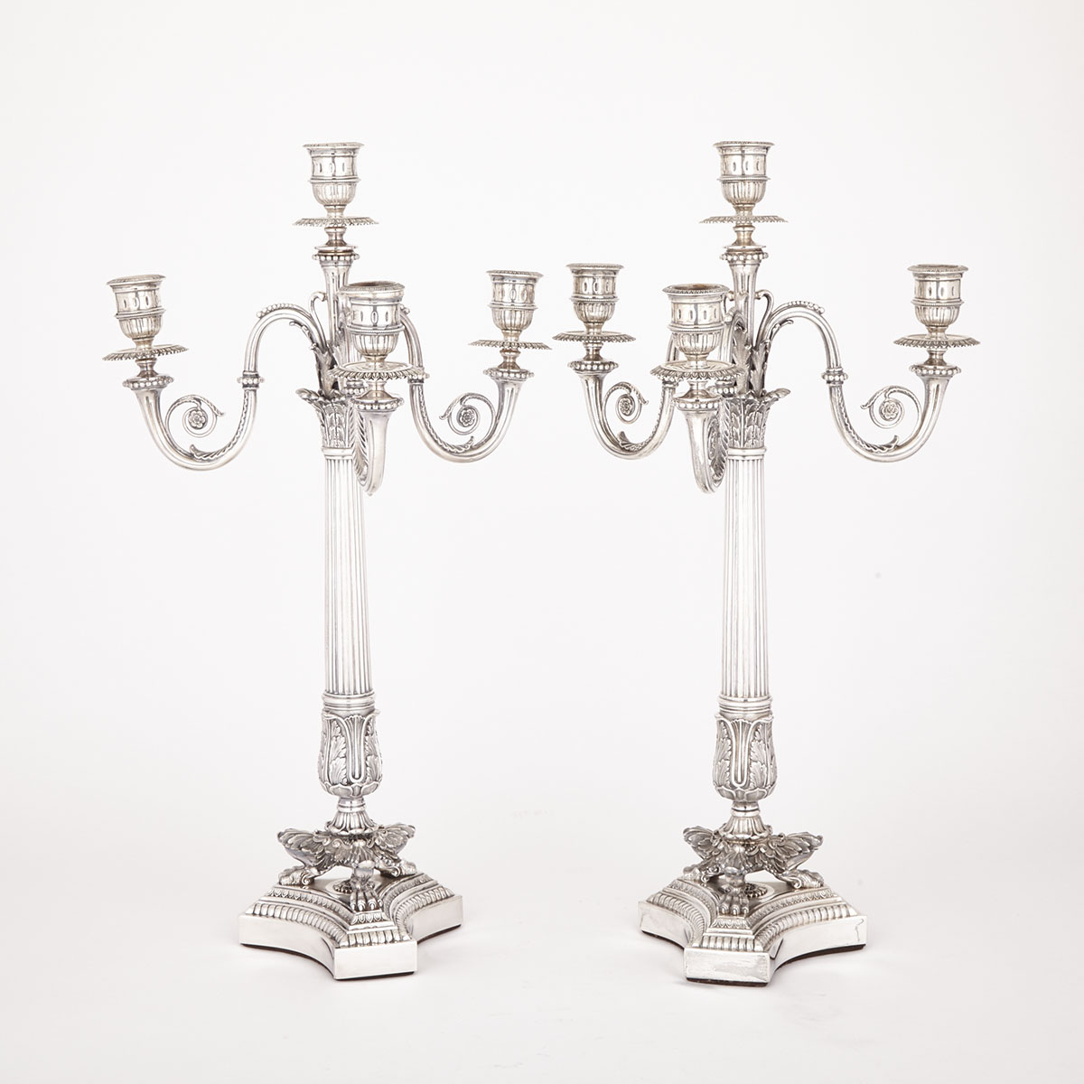 Pair of Continental Silver French Empire Style Four-Light Candelabra, 20th century