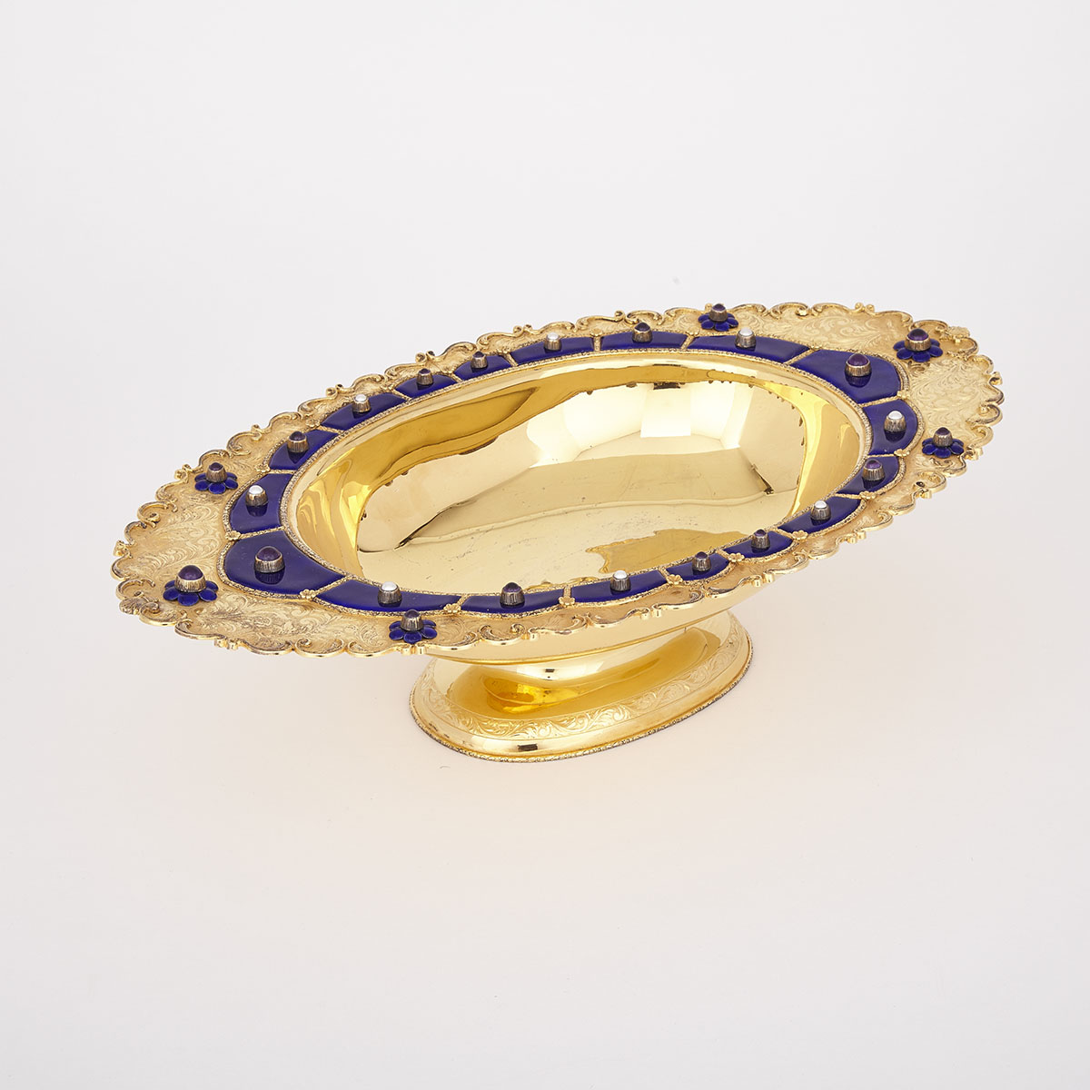 Continental Silver-Gilt and Enamel Oval Footed Bowl, probably Italian, 20th century
