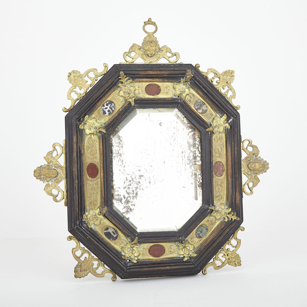 Italian Renaissance Style Brass and Specimen Marble Mounted Mirror, 19th century