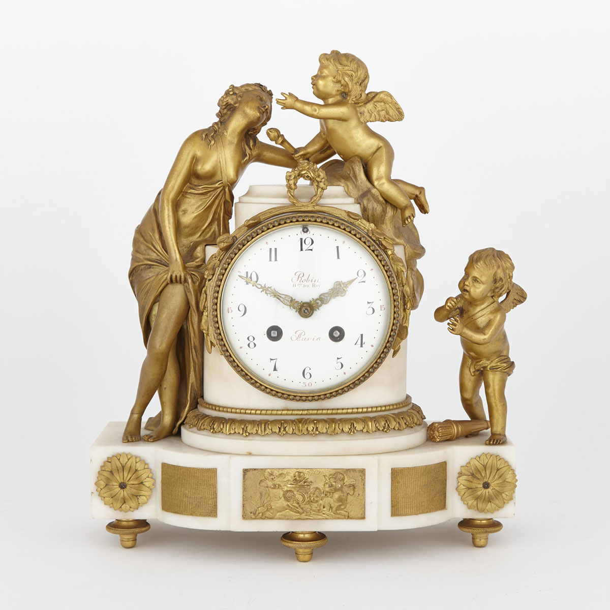Napoleon III Ormolu Mounted White Marble Figural Mantle Clock, 19th century