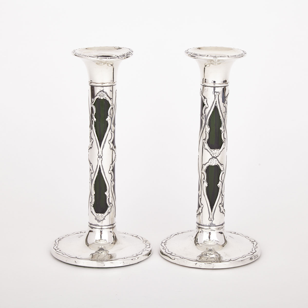 Pair of Edwardian Silver and Green Glass Table Candlesticks, John Round & Son, London, 1905