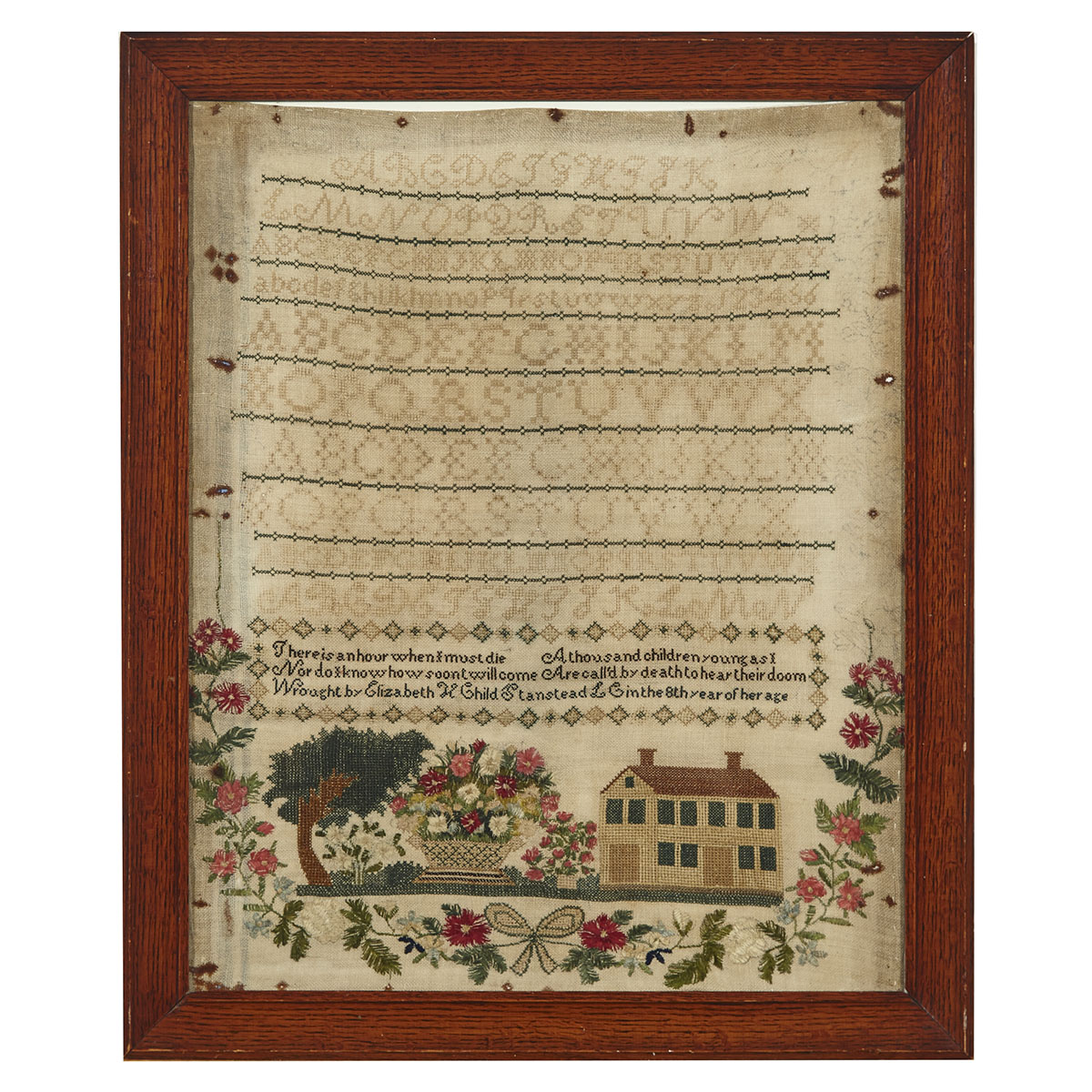 Early Quebec Alphabet, Verse and Pictorial Sampler, Elizabeth H. Child, in the 8th year of her age, Stanstead, L.C., early 19th century