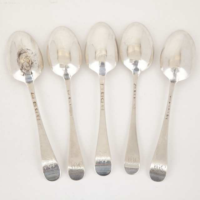Five George III Silver Hanoverian Pattern Table Spoons, Elizabeth Tookey (2), London, 1768 and John Gorham (3), London, 1774