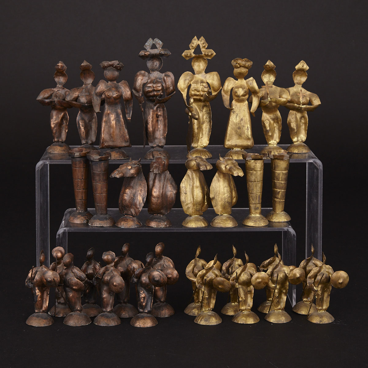 Chilean Hammered Copper and Brass Figural Chess Set, 20th century