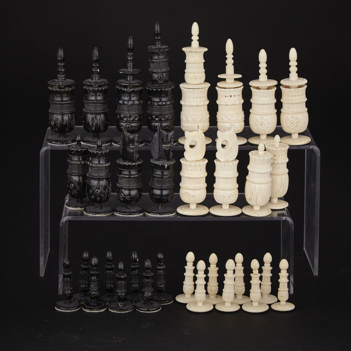 Turned and Carved Bone ‘Spanish Pulpit’ Type Chess Set, 19th century