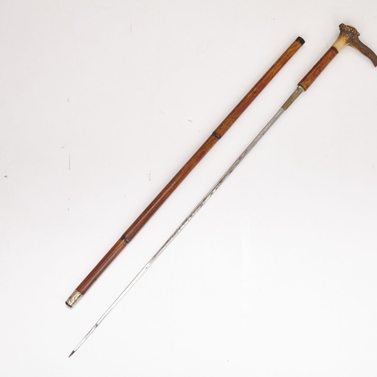 Victorian Antler Mounted Bamboo Sword Gadget Cane, 19th century 