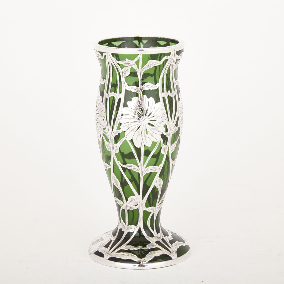 American Engraved Silver Overlaid Green Glass Vase, Matthews Co., Newark, N.J., early 20th century