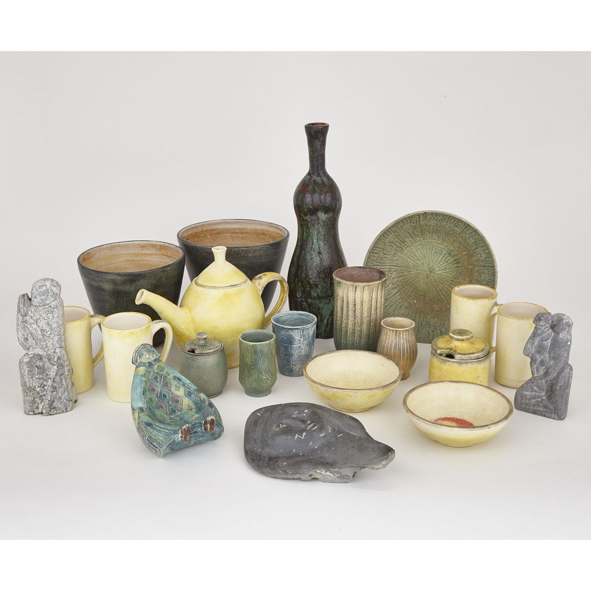 Group of Brooklin Pottery and Soapstone Carvings, Theo and Susan Harlander, c.1960-75