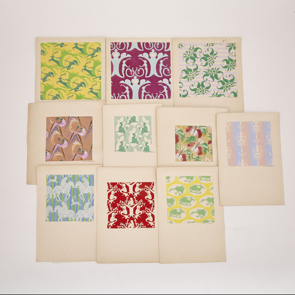 Group of Ten Art Deco Woodblock Wallpaper and Fabric Patterns each signed Andréa Gerbaud, early 20th century