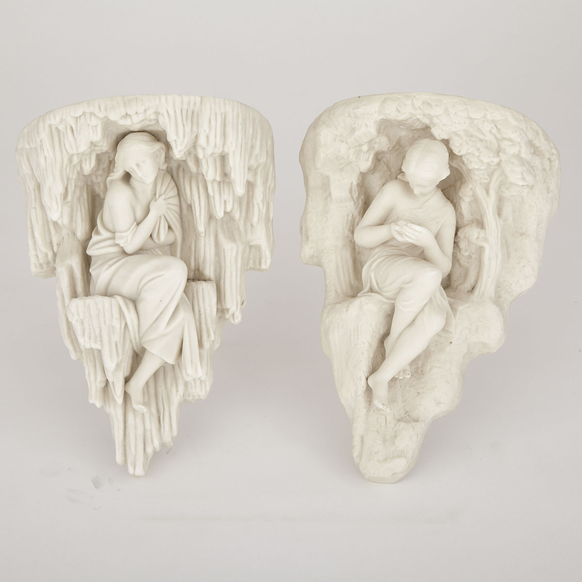 Pair of Worcester Glazed Parian Wall Brackets, ‘Winter’ and ‘Summer’, c.1870