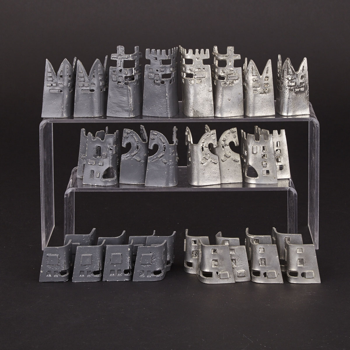 Brazilian Cast and Wrought Aluminum Building Form Chess Set, mid 20th century