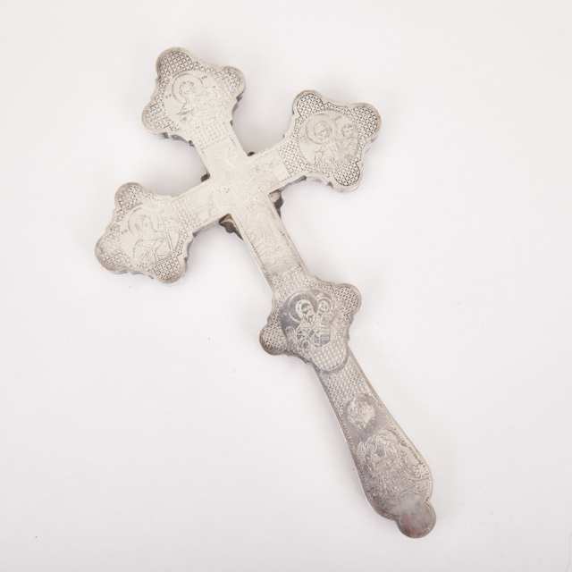 Russian Enamelled Silvered Metal Reliquary Cross, early 20th century