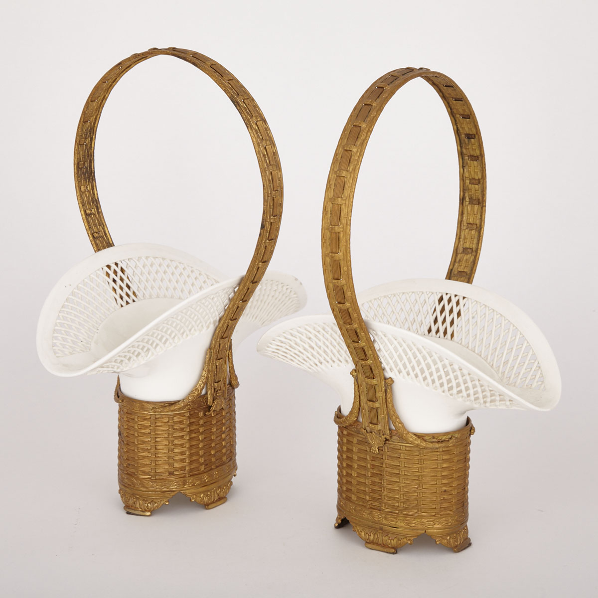 Pair of Continental Ormolu Mounted Creamware Baskets, 20th century