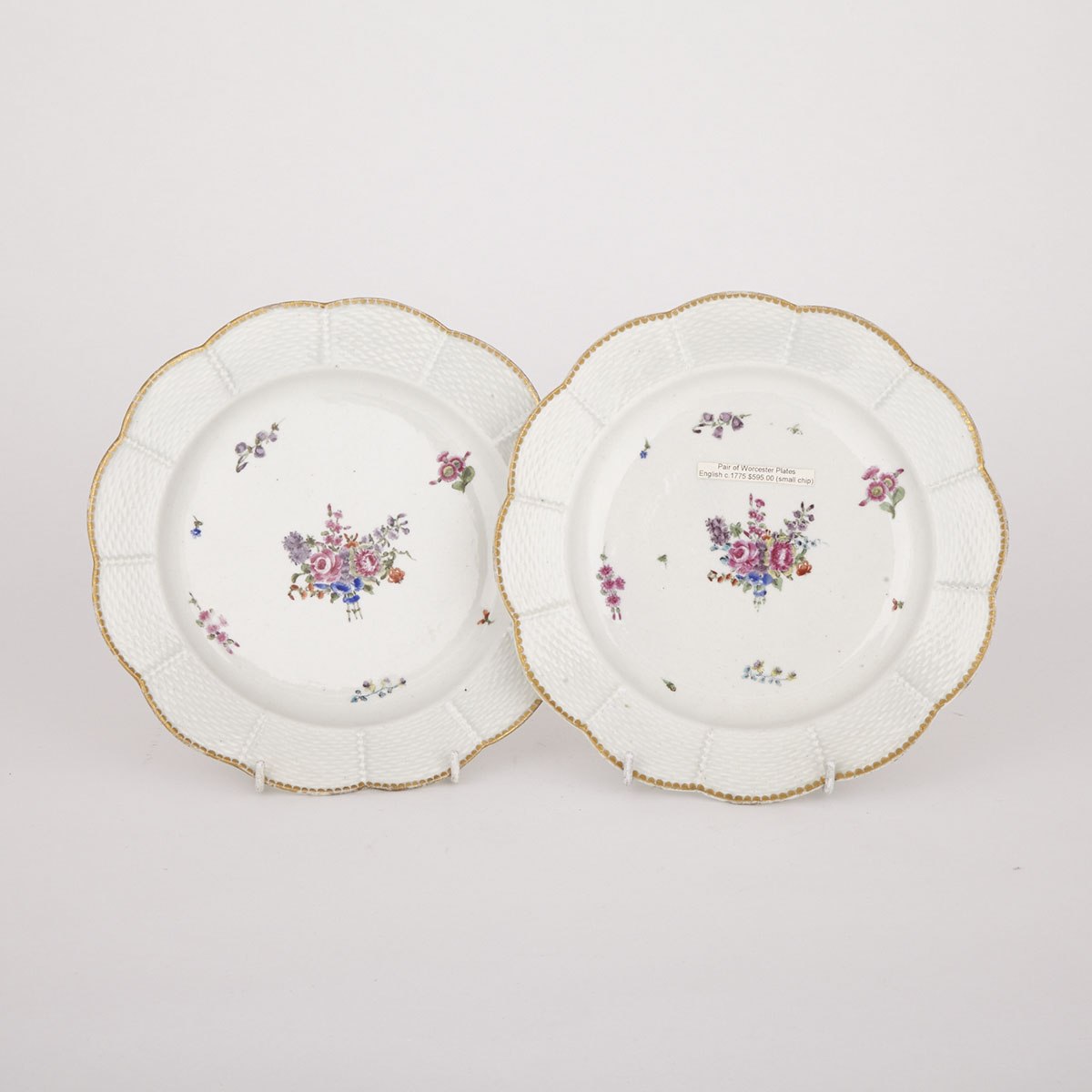 Pair of Worcester Moulded and Flower-Painted Plates, c.1775