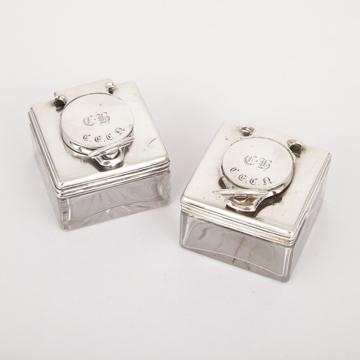 Two Victorian Silver and Glass Traveling Inkwells, London, 1838/39