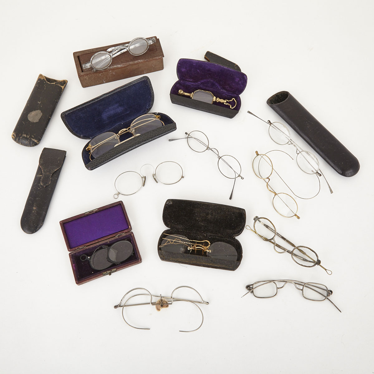 Collection of 13 Pairs of Eyeglasses, Spectacles, Lorgnettes and Pince Nez, early to late 19th century