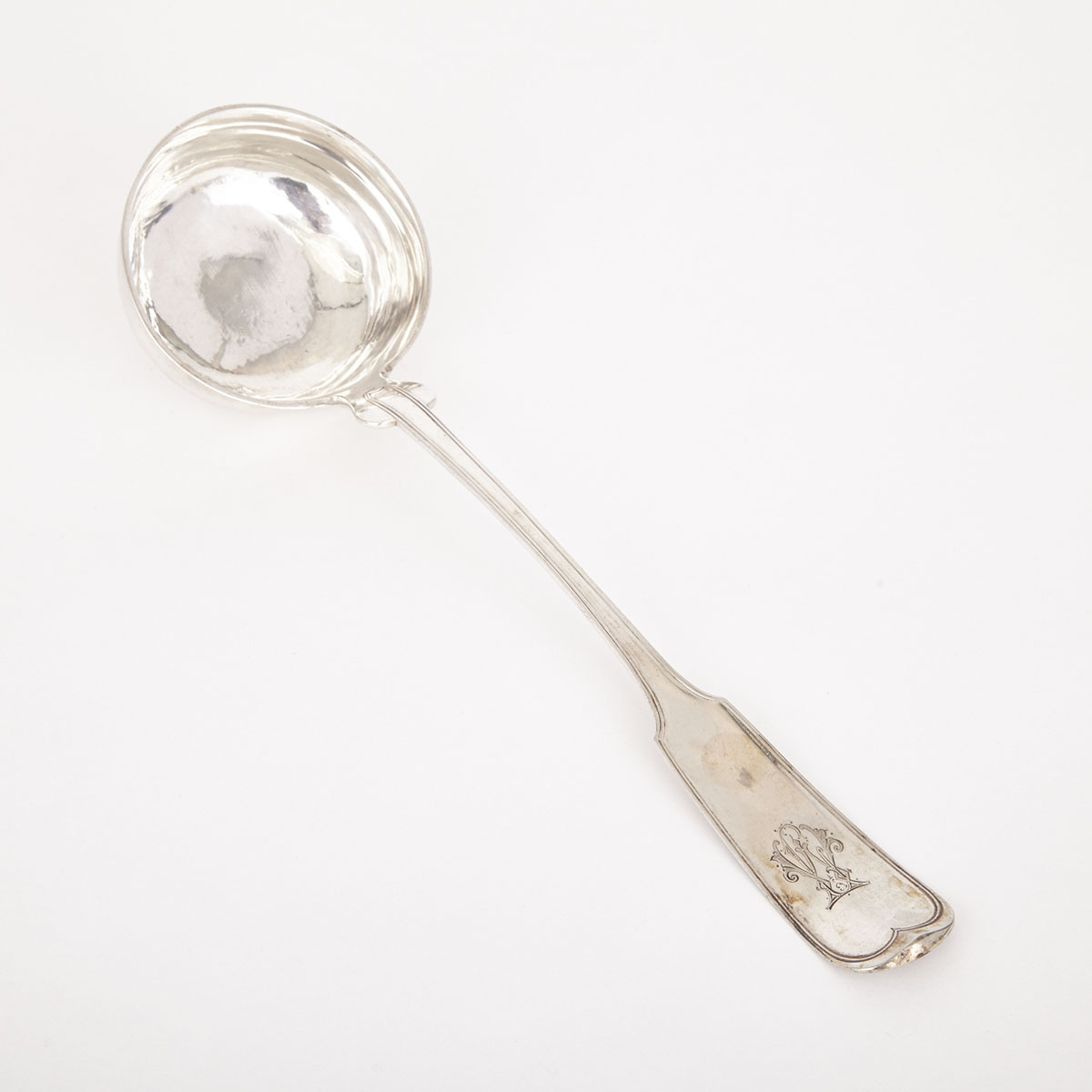 German Silver Fiddle and Thread Pattern Soup Ladle, 19th century