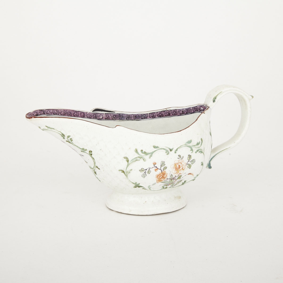 English Porcelain Moulded and Floral Painted Sauce Boat, c.1770