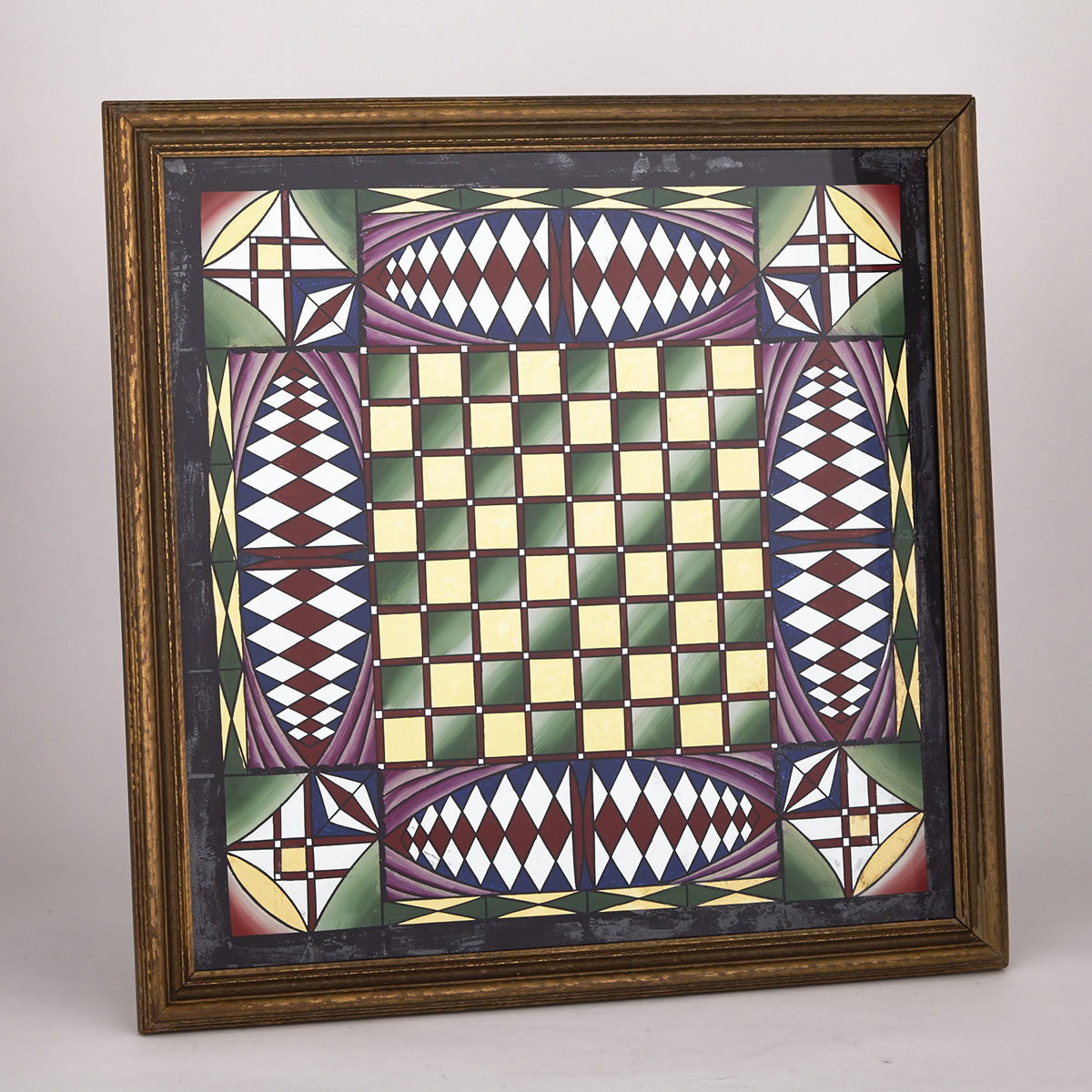 Reverse Painted Glass Chess/Games Board, early 20th century