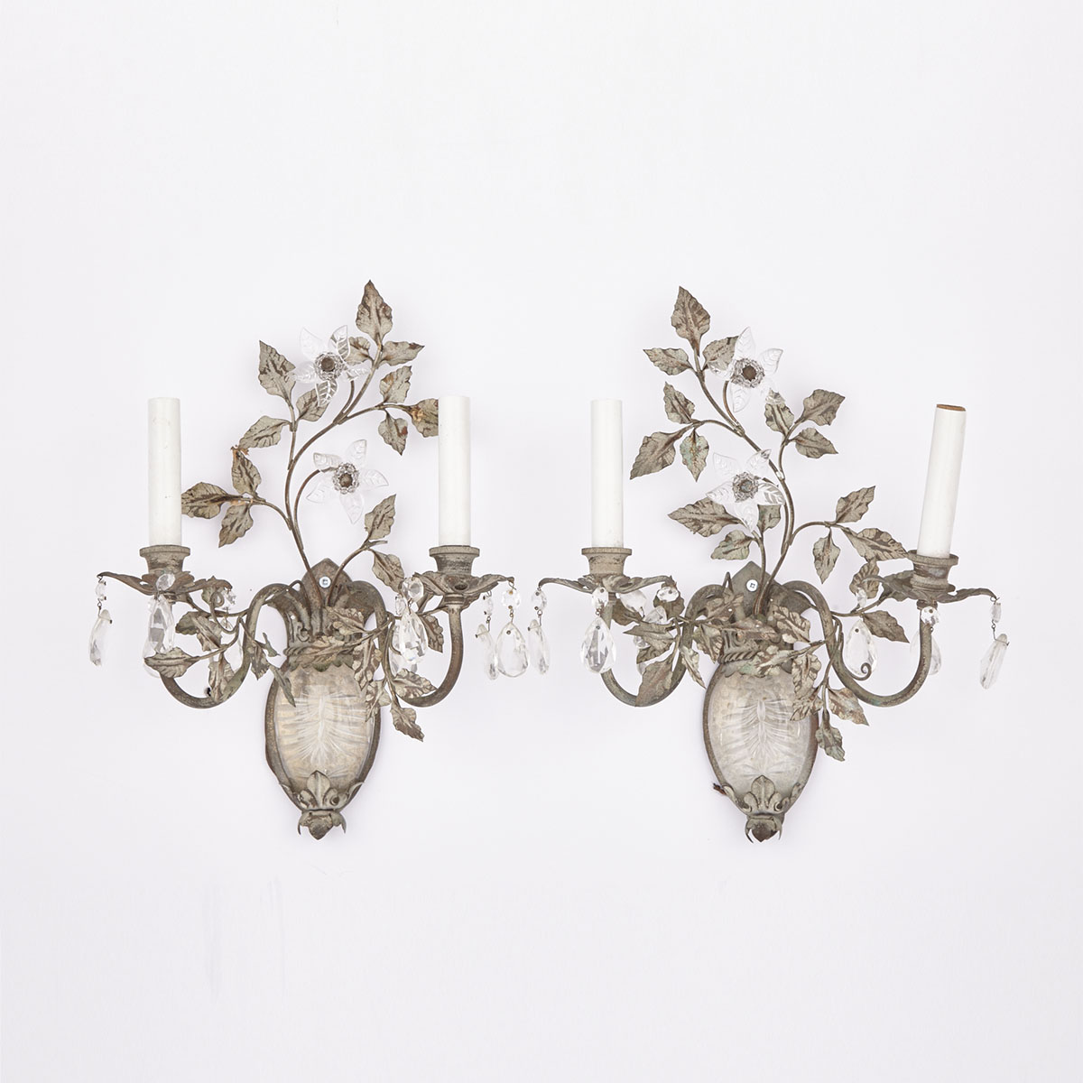 Pair of Patinated Bronze and Cut Glass Bouquet Form Two Light Wall Sconces, md 20th century