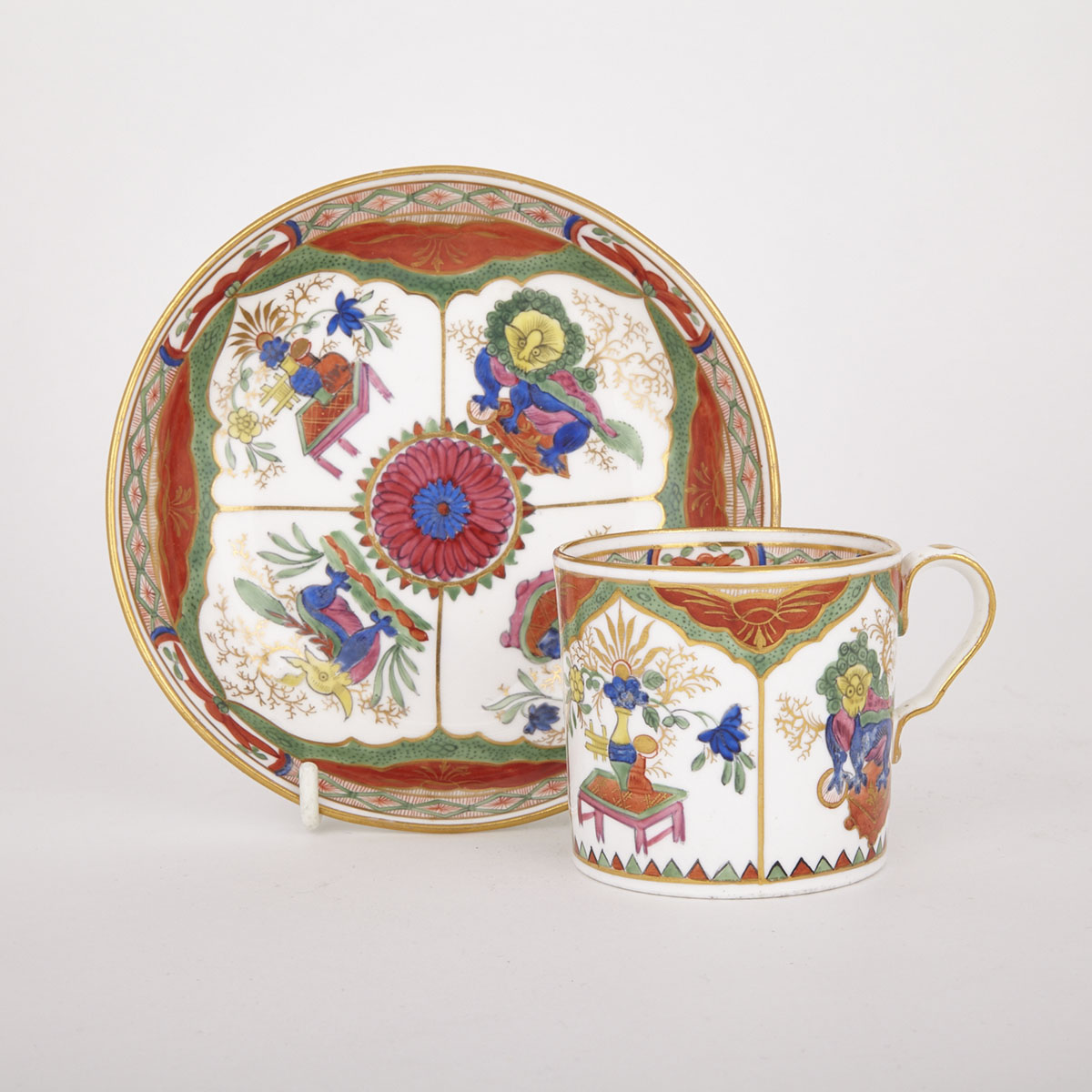 English Porcelain ‘Bengal Tiger’ or ‘Dragon in Compartments’ Pattern Coffee Cup and Saucer, probably Spode, early 19th century
