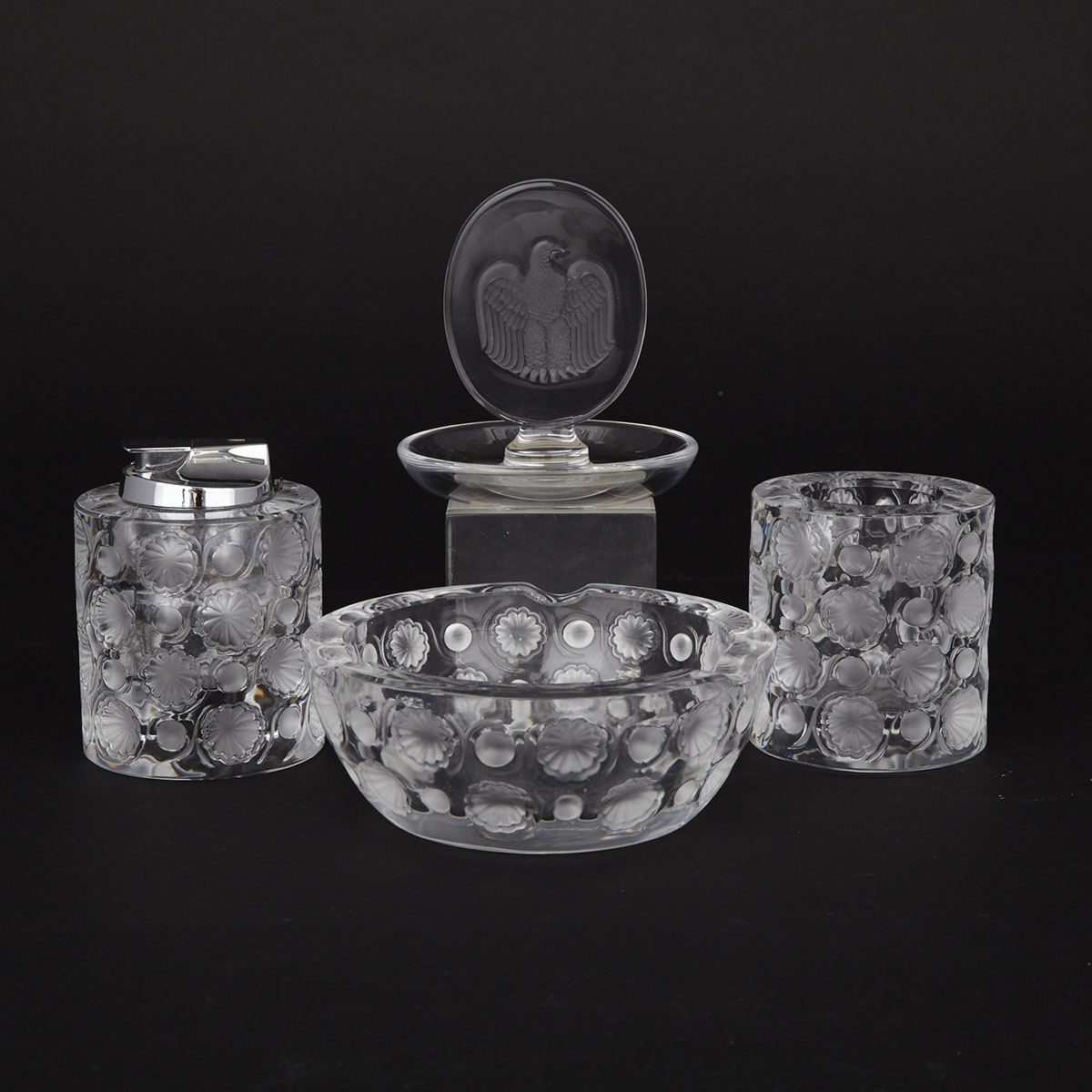 ‘Tokio’, Lalique Moulded and Frosted Glass Smoker’s Set and ‘Eagle’ Ring Tray, 20th century