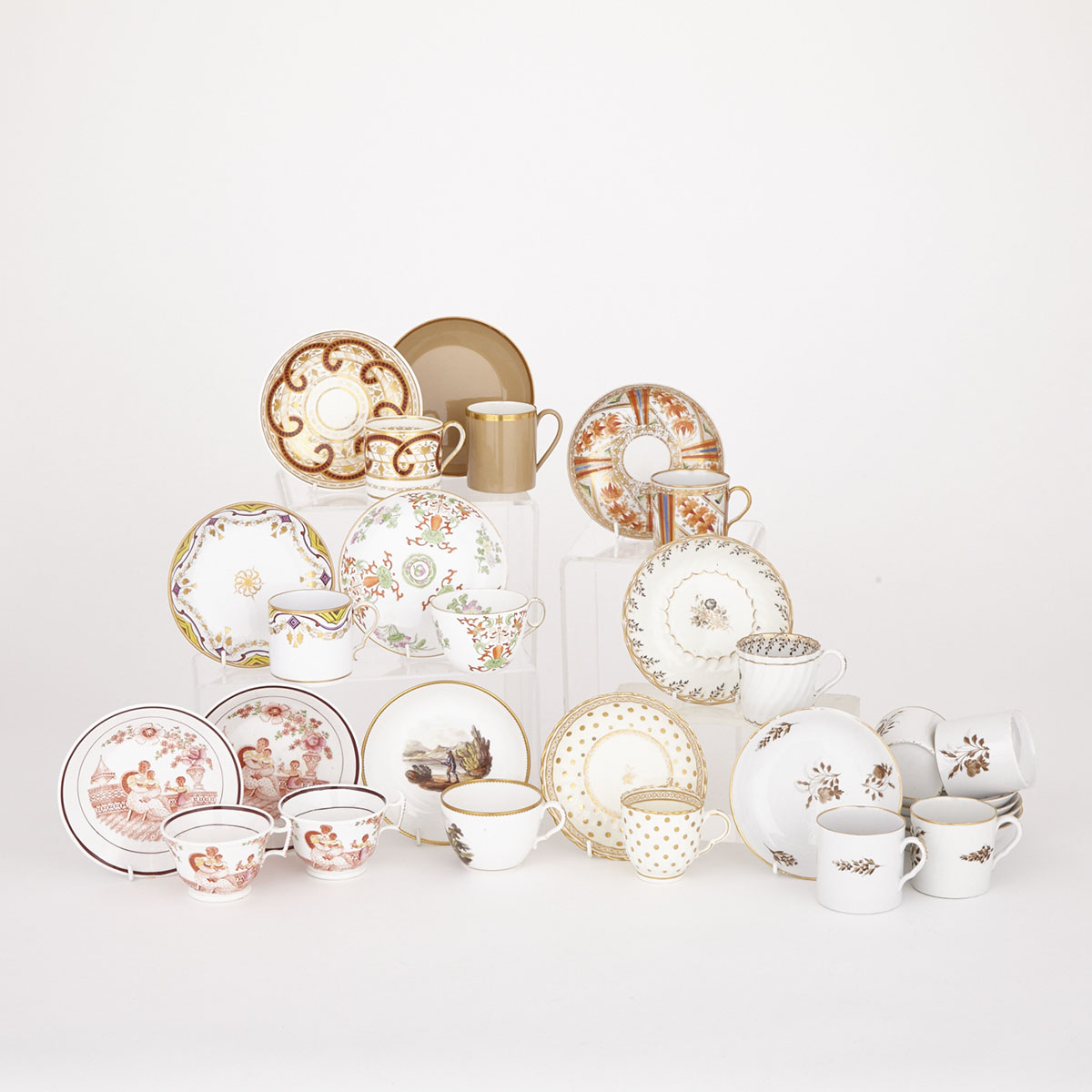 Fourteen Various English Porcelain Cups and Saucers, 19th century