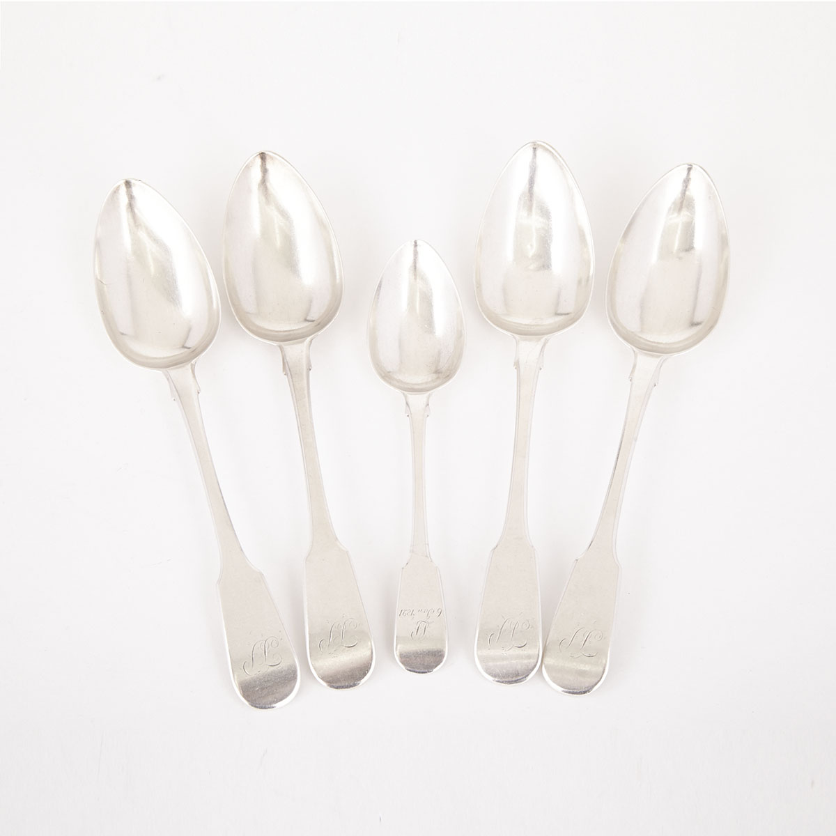 Four Canadian Silver Fiddle Pattern Table Spoons and a Dessert Spoon, Joseph Sasseville, Quebec City, Que., c.1820
