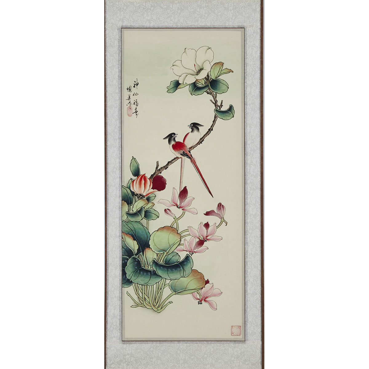 Pair of Japanese Scroll Paintings and a Framed Landscape Print