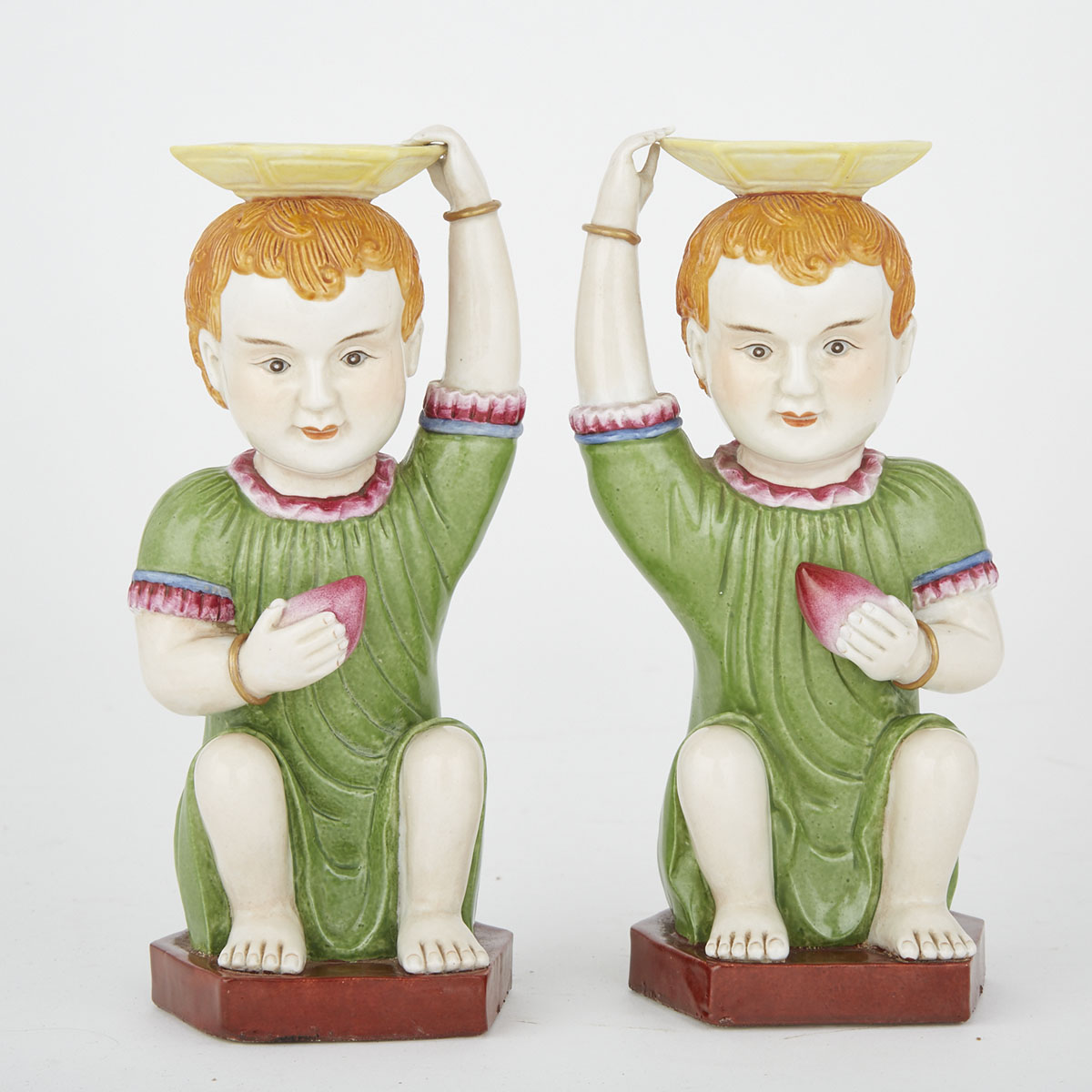 Pair of Chinese Export Boys Candle Bases, Mid 20th Century