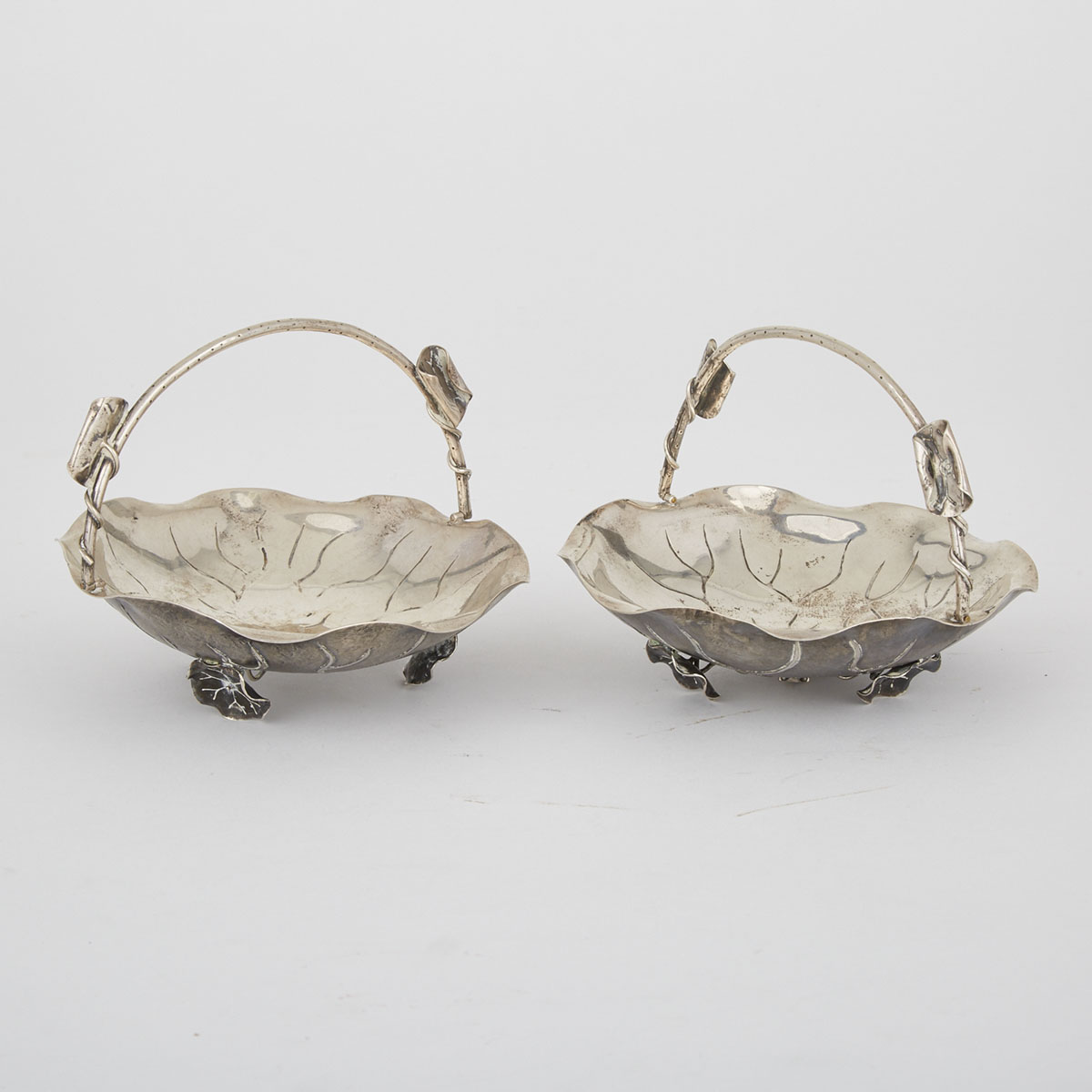 Pair of Chinese Silver Lotus Leaf Baskets, Early 20th Century