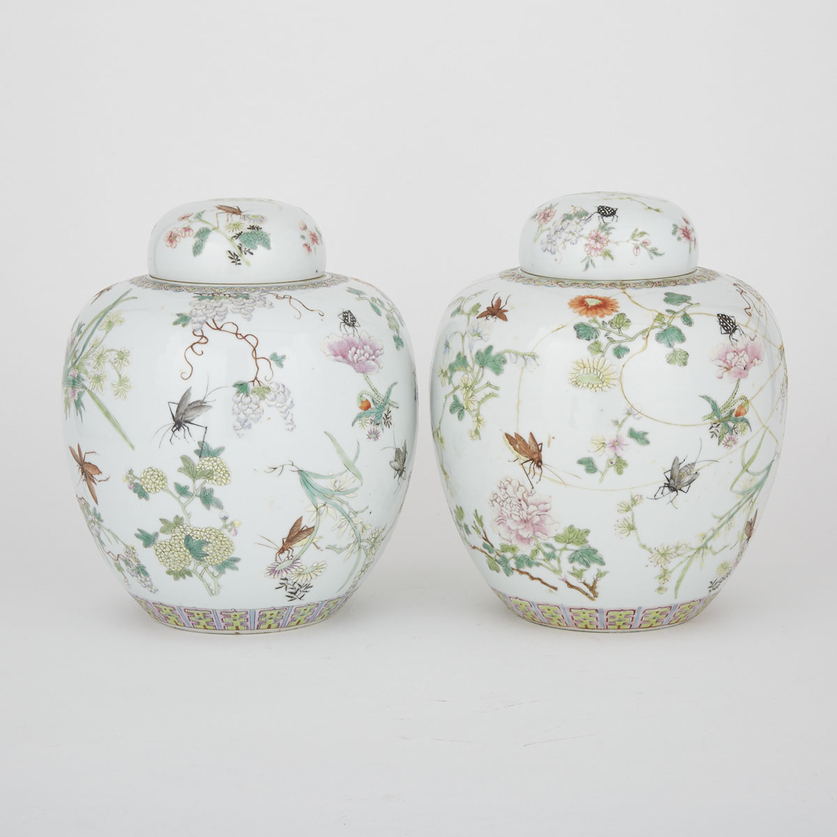 A Pair of Famille Rose Insect and Flora Ginger Jars, Guangxu Period