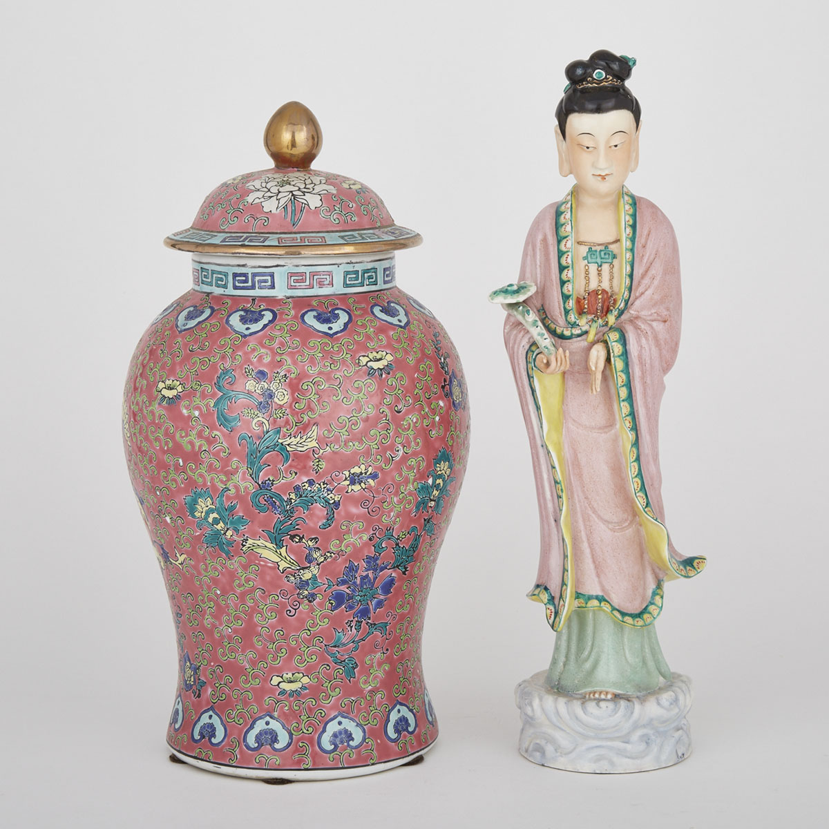 A Famille Rose Covered Jar and a Famille Rose Figure