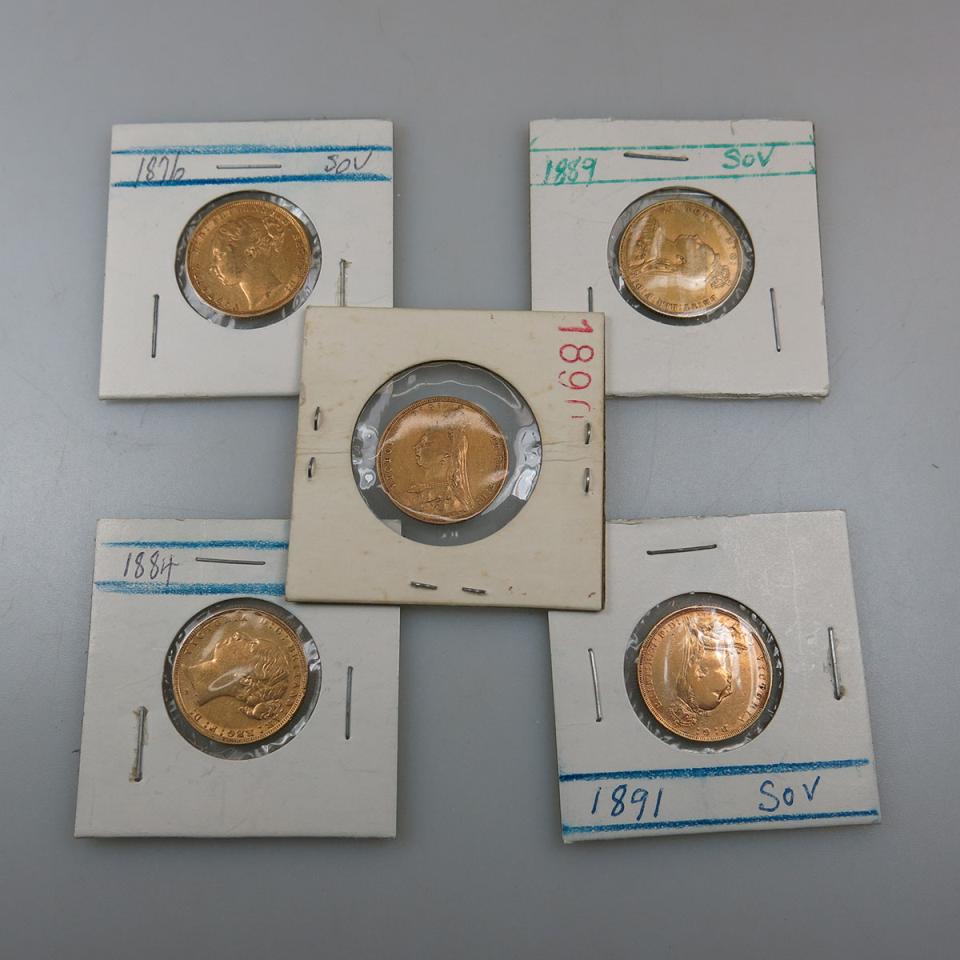 Five 19th Century British Gold Sovereigns