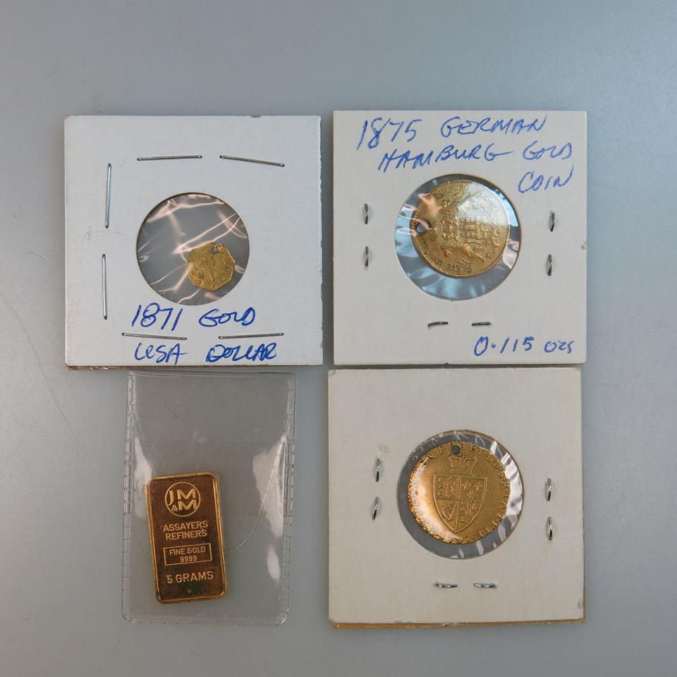 Three Drilled Gold Coins And A Five Gram Gold Ingot