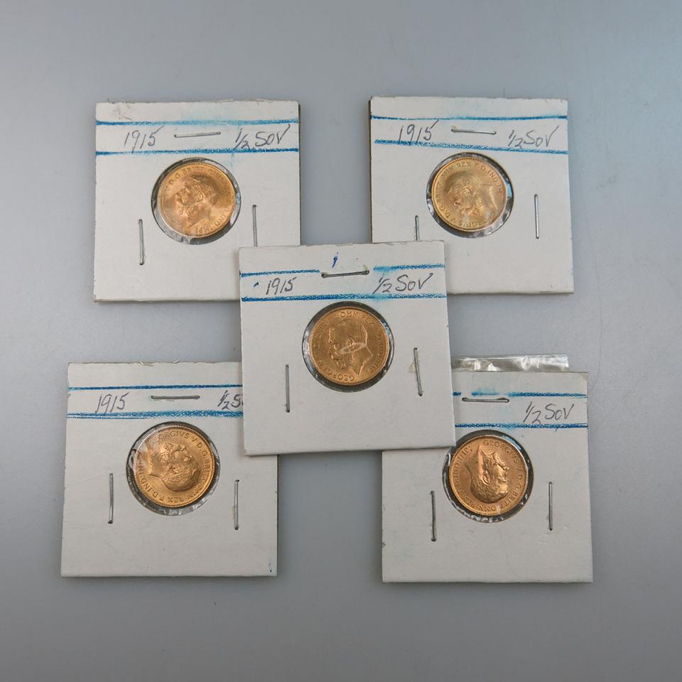 Five Australian 1915S Gold Half Sovereigns