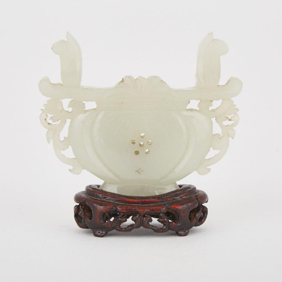 A Finely Carved Celadon-White Jade Flower Basket with Stand, 19th Century