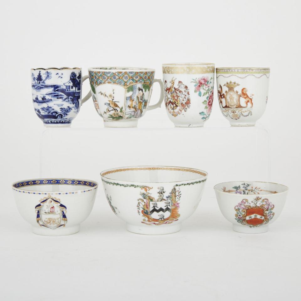 A Group of Seven Chinese Export Cups and Bowls, 18th Century and Later