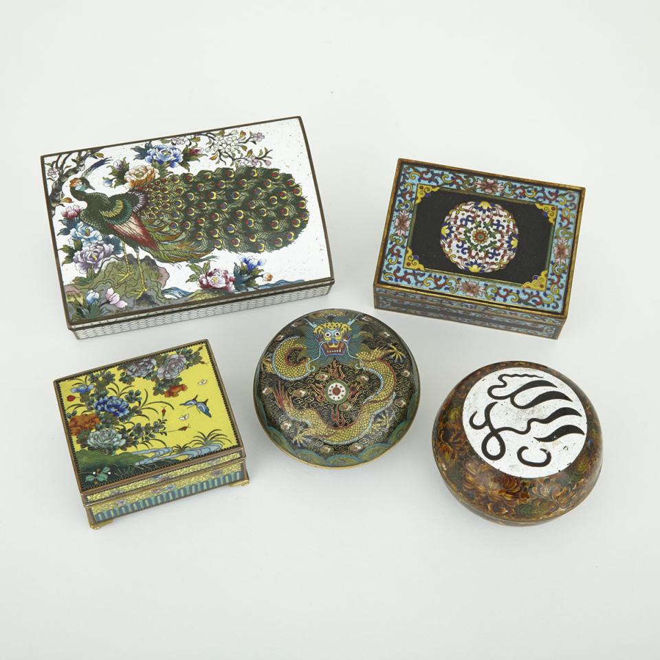 Group of Five Cloisonné Boxes, Early 20th Century