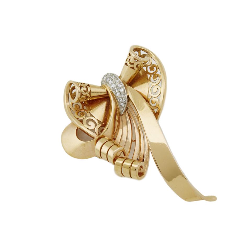 French 18k Yellow Gold And Platinum Spray Clip
