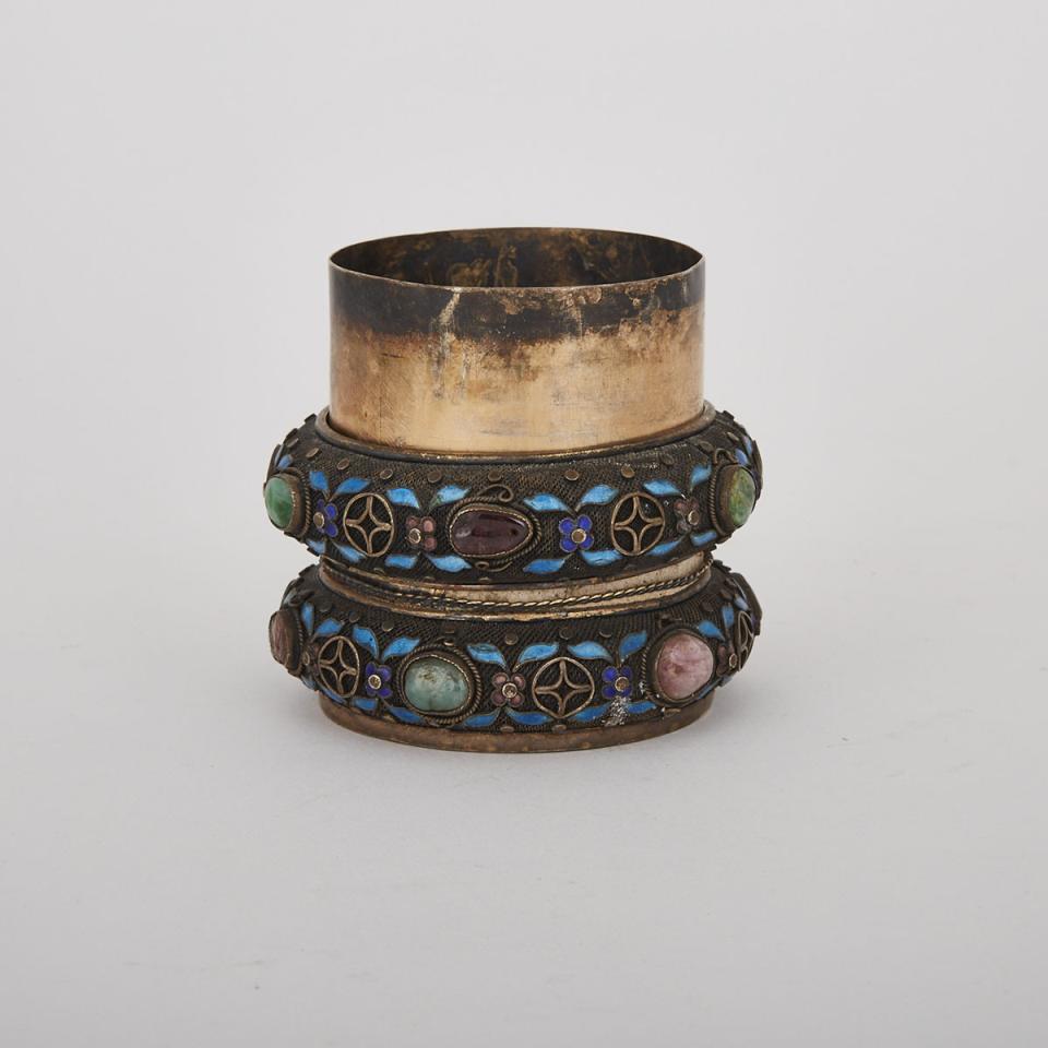 A Pair of Canton Enamel Bracelets Mounted onto a Silver Container, 19th Century