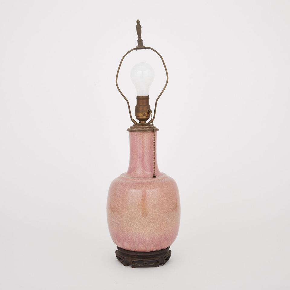 A Pale Pink Crackled Glazed Vase Mounted as a Lamp, Early 20th Century