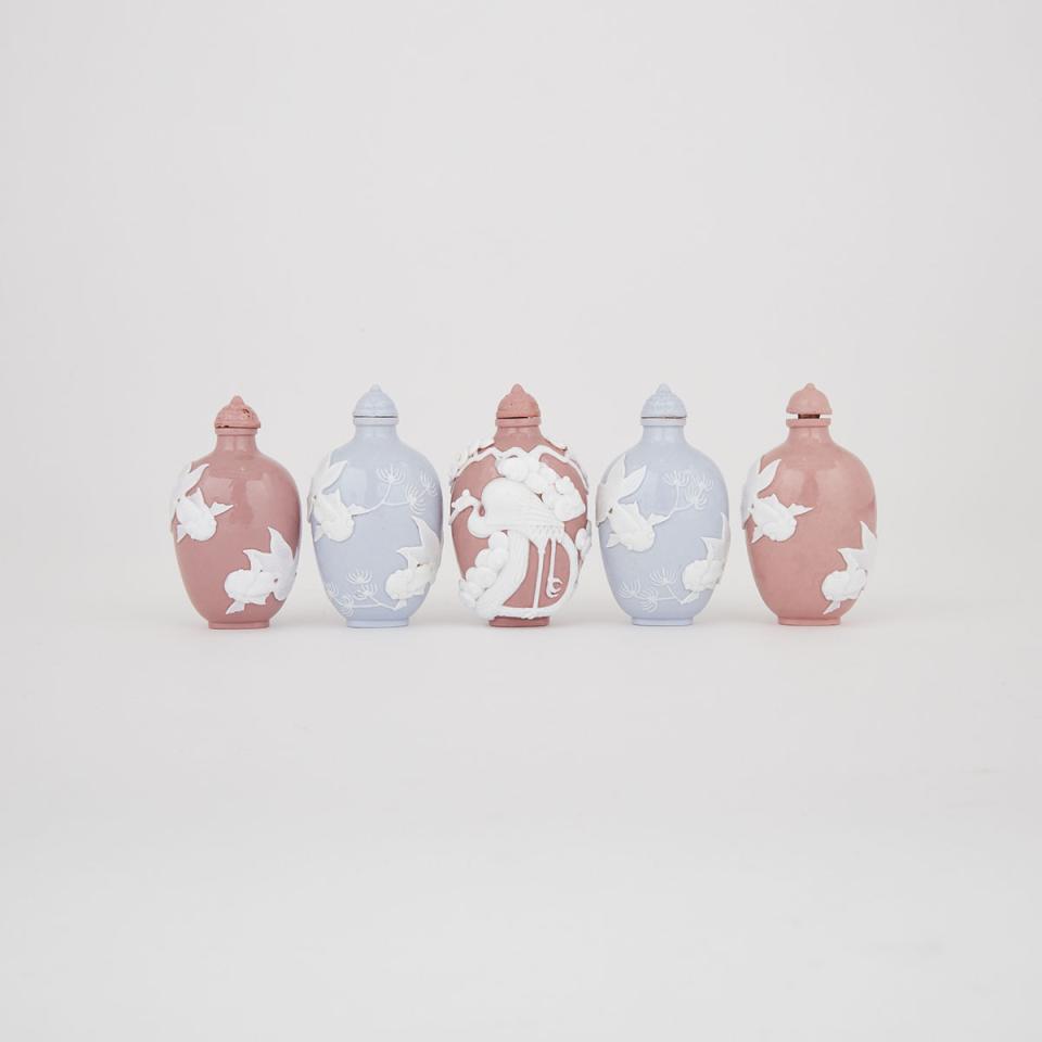 A Set of Five Porcelain Moulded Snuff Bottles, Daoguang Mark, 19th/20th Century