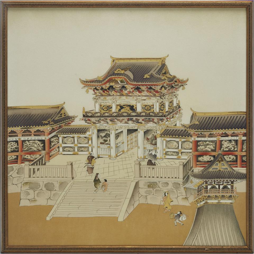 A Framed Textile Painting of a Japanese Temple
