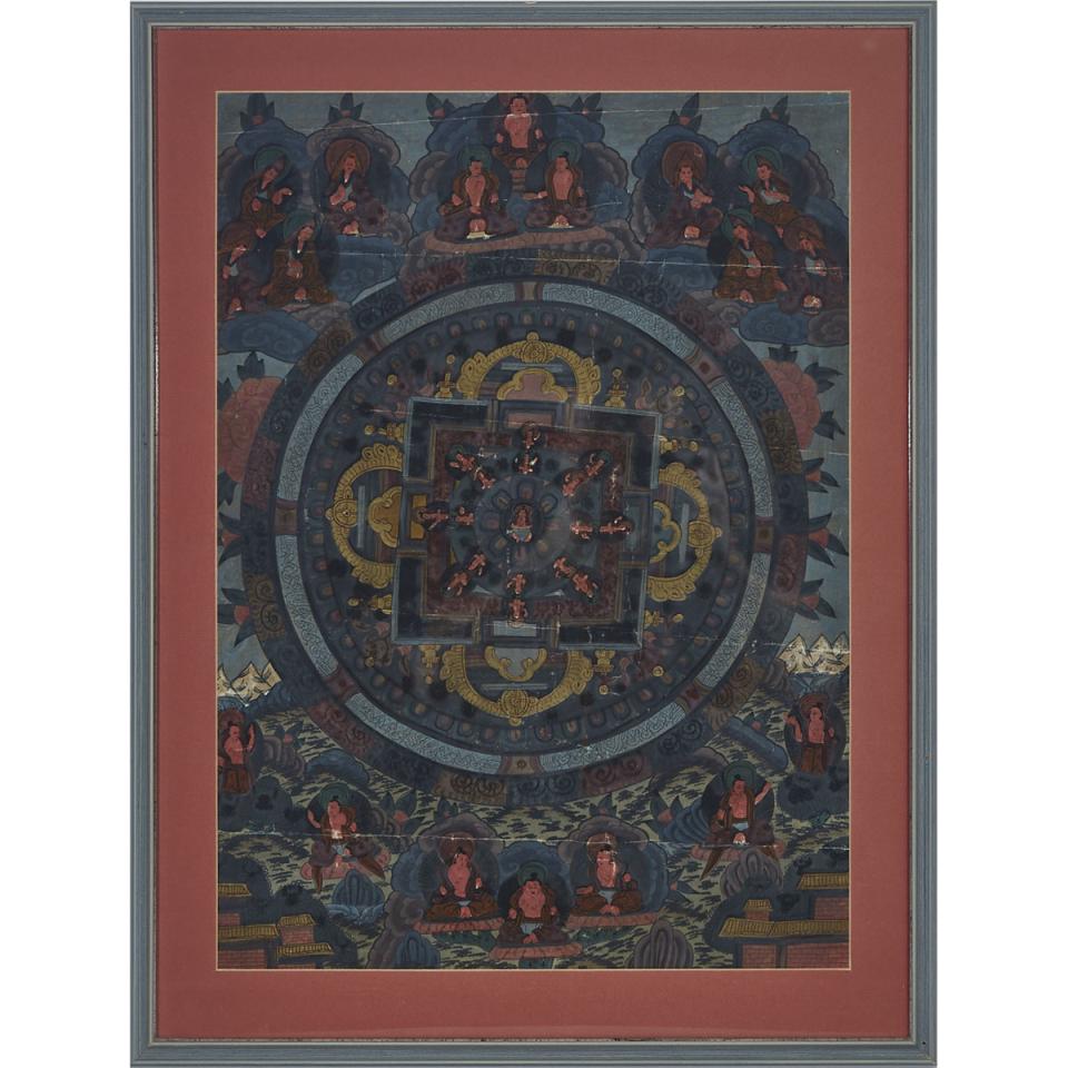 A Framed Thangka of a Blue Ground Mandala