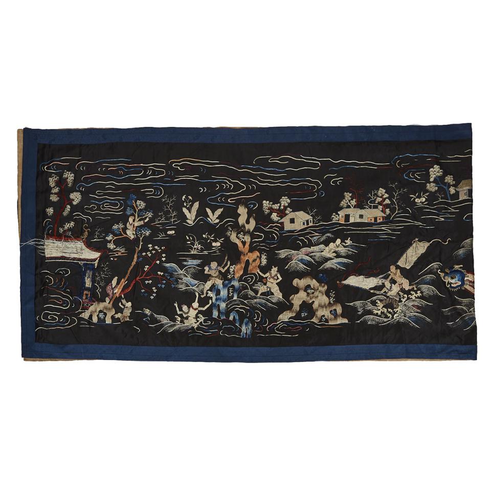 A Long Black Ground Landscape Tapestry, Early 20th Century
