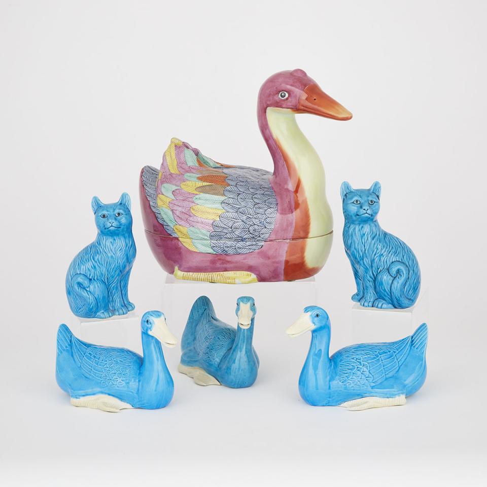 A Group of Six Ceramic Cats and Ducks